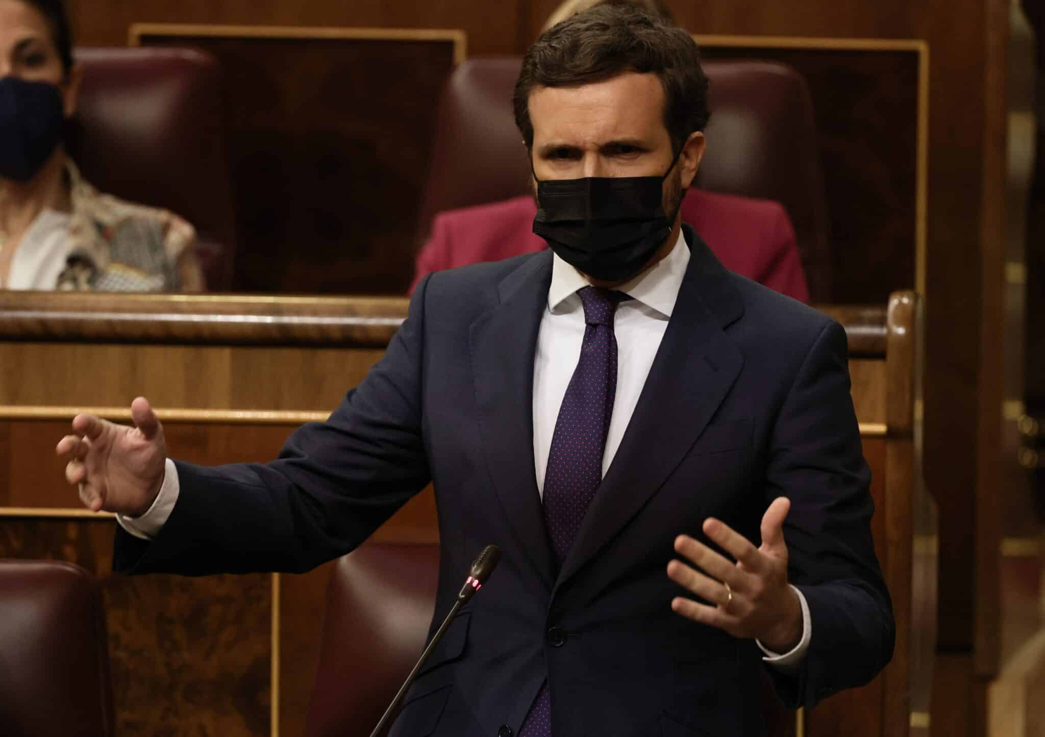 El líder del PP, Pablo Casado, interviene en una sesión de control al Gobierno.