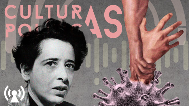 Sociedad civil y Covid desde el pensamiento de Hannah Arendt Imagen de Hannah Arendt con un brazo que es rescatado de un coronavirus para Culturas Políticas