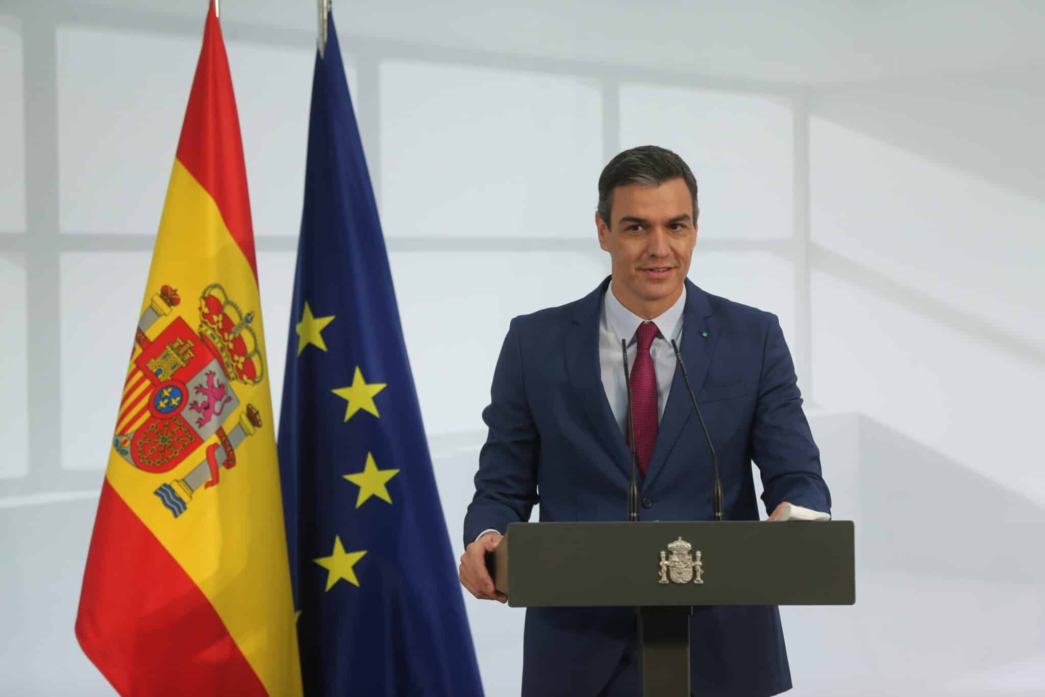 El presidente del Gobierno, Pedro Sánchez, drante un acto de homenaje a la comunidad educativa, en La Moncloa