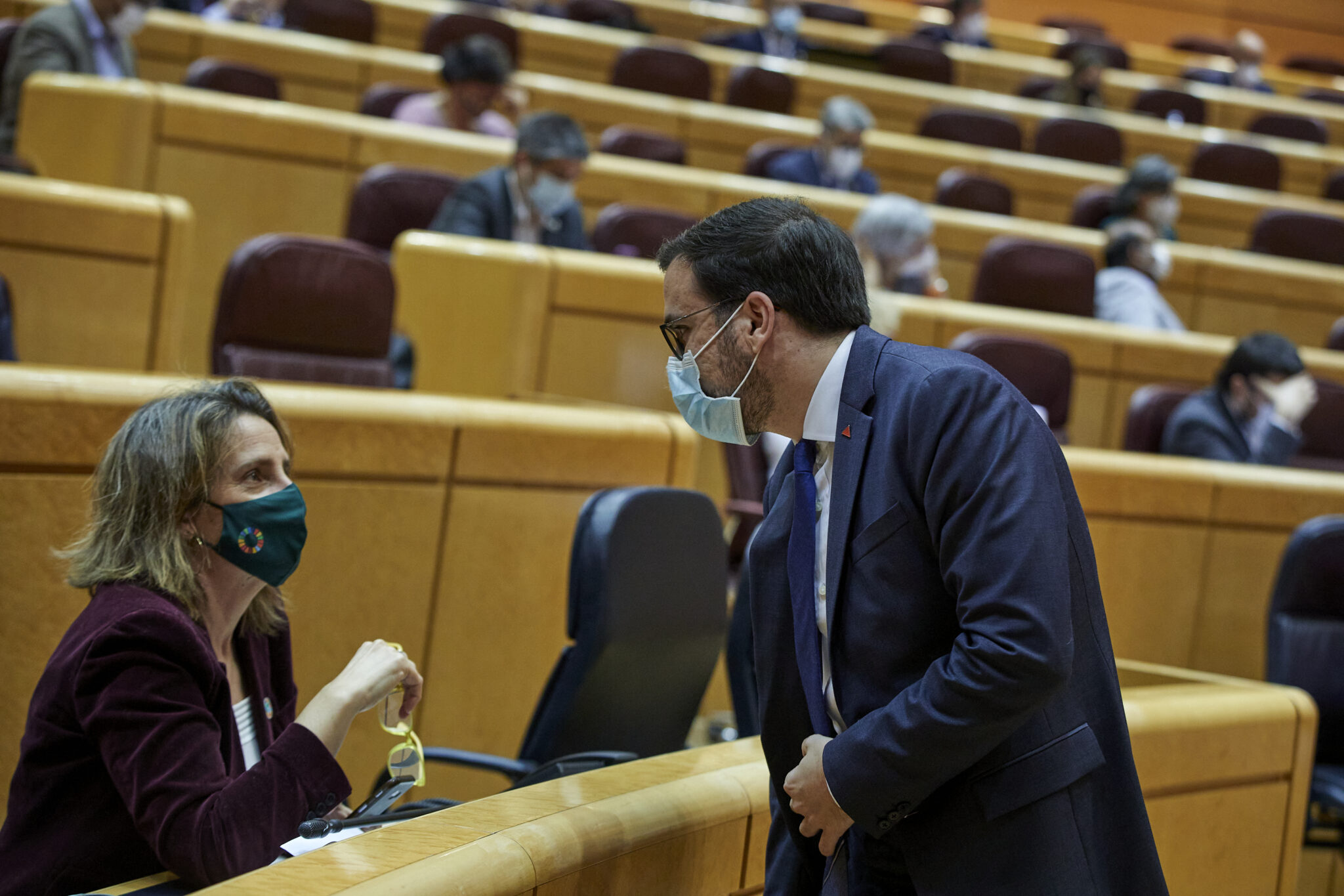 El ministro de Consumo, Alberto Garzón, y la ministra de Transición Ecológica, Teresa Ribera, en el Senado