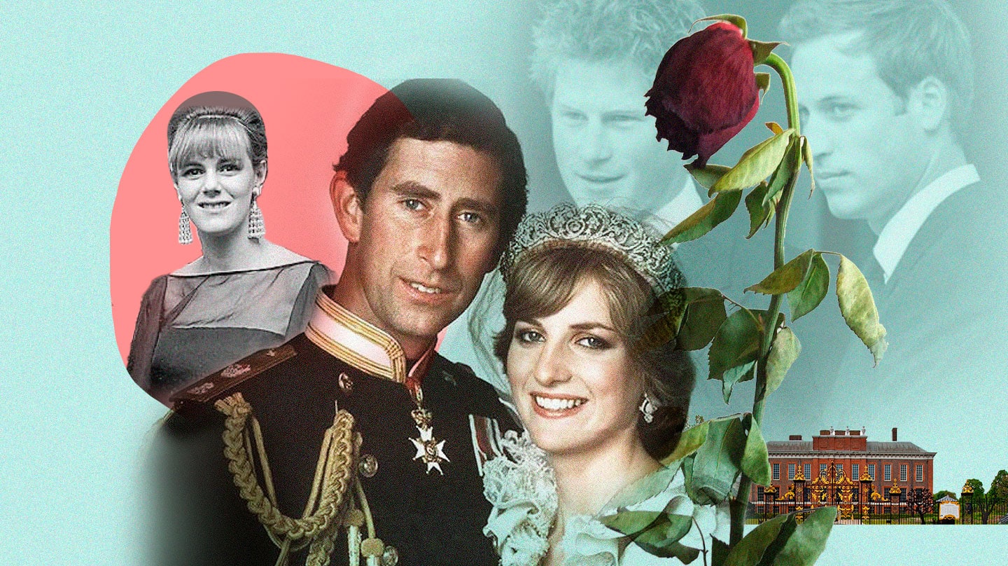Collage de El príncipe Carlos de Inglaterra con Lady Di el día de su boda y de fondo Camilla Parker Bowles y sus hijos Harry y Guillermo de Cambridge