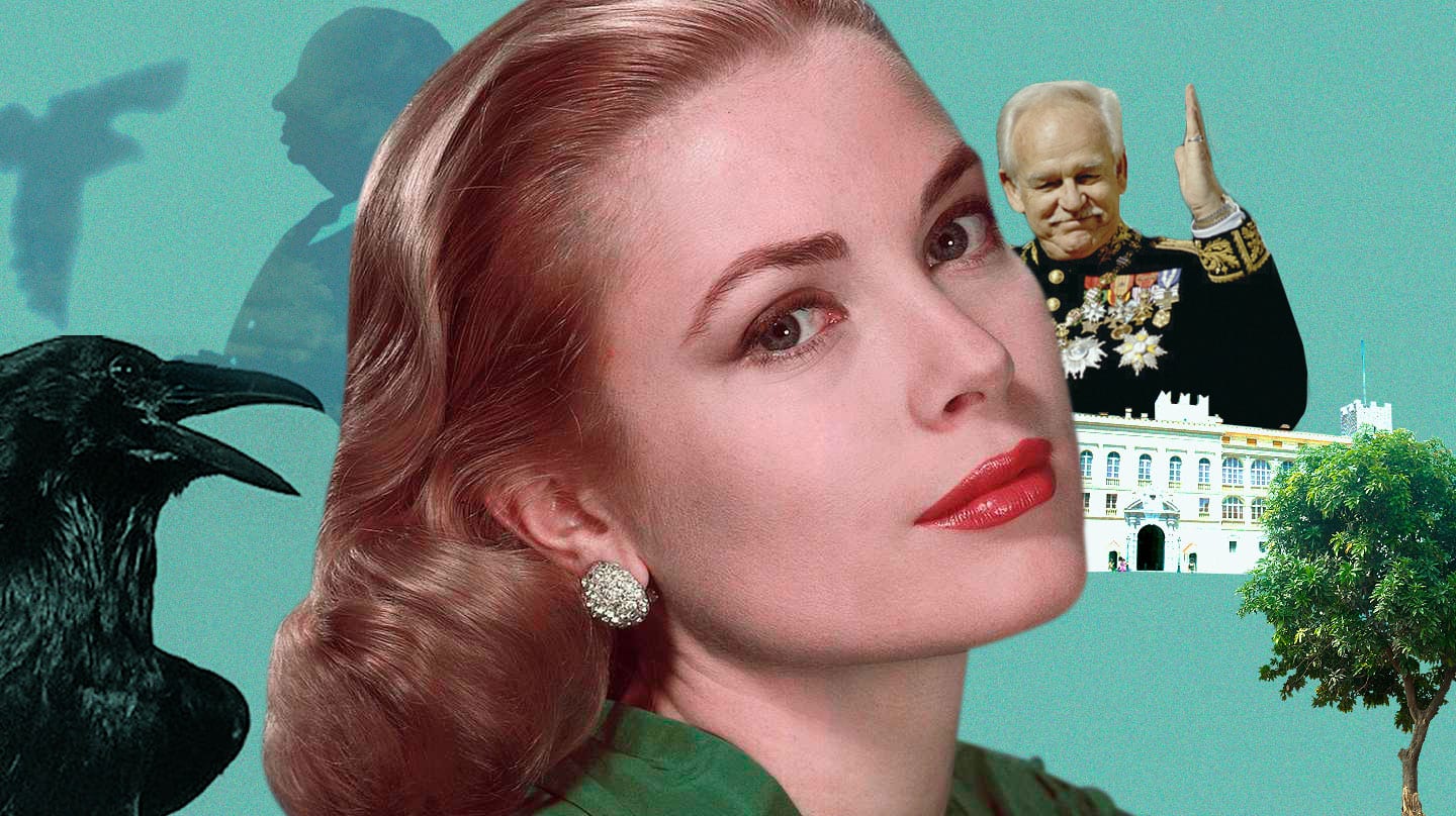 Collage de Grace Kelly, silueta de Hitchcock, y el Principal Raniero III de Mónaco