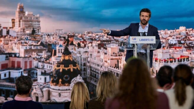 El presidente del PP, Pablo Casado, en un acto de campaña de las últimas autonómicas en Madrid.