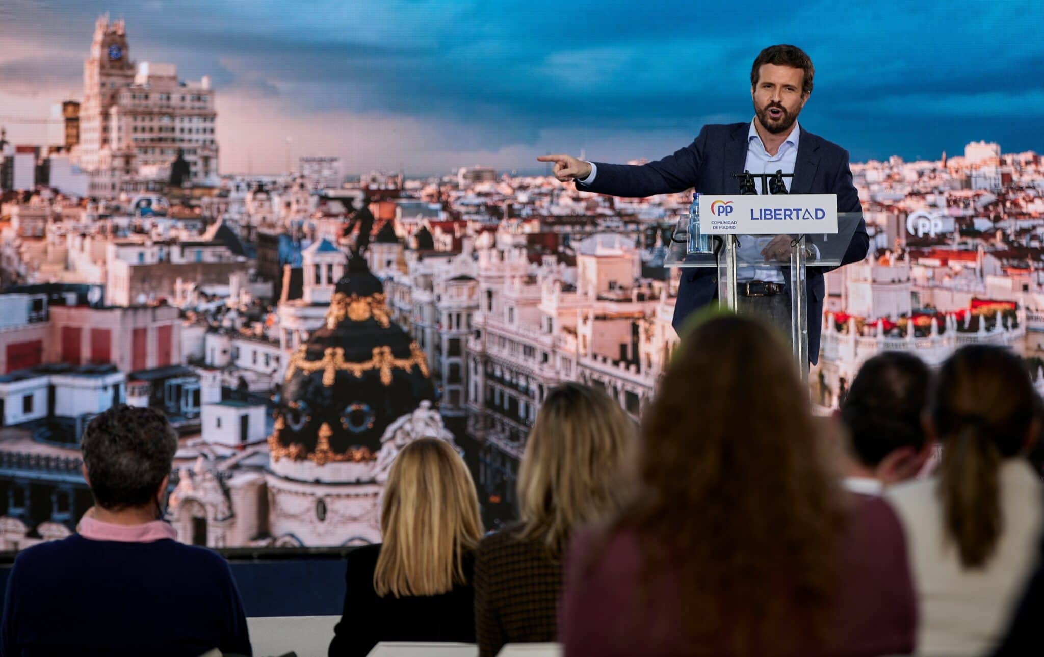 El presidente del PP, Pablo Casado, en un acto de campaña de las últimas autonómicas en Madrid.