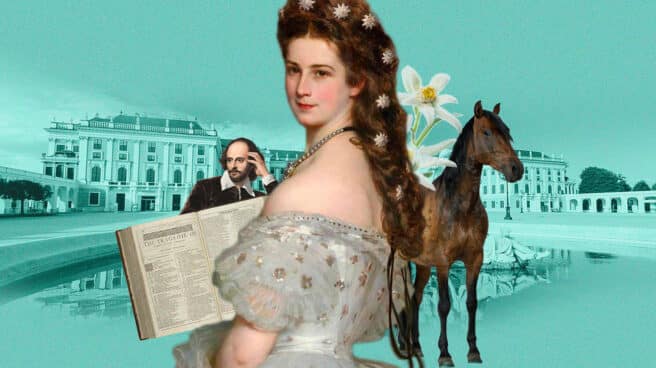 sissi-emperatriz-austria Curiosidades de Sissi Emperatriz en uin collage de Sissi con el palacio de Schönbrunn de fondo y Shakespeare
