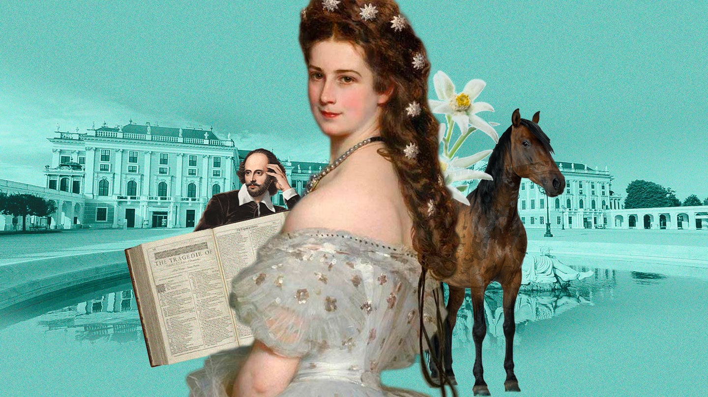 Curiosidades de Sissi Emperatriz en uin collage de Sissi con el palacio de Schönbrunn de fondo y Shakespeare