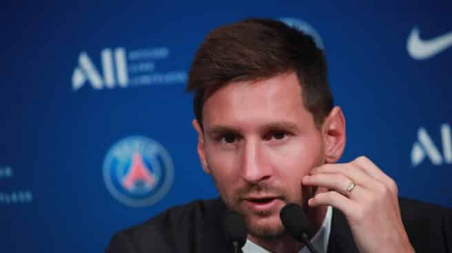 El delantero argentino Lionel Messi durante su rueda de prensa como parte de su presentación oficial con el PSG.