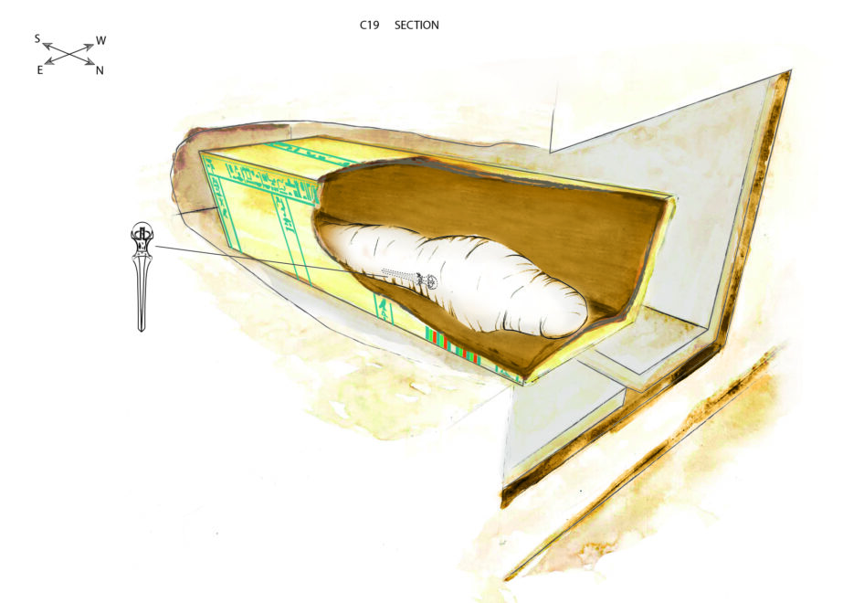 Dibujo de la cámara funeraria de Khema con indicación de la posición de la daga entre el vendaje