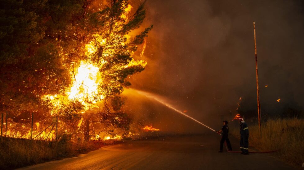 Un bombero intenta apagar un árbol ardiendo