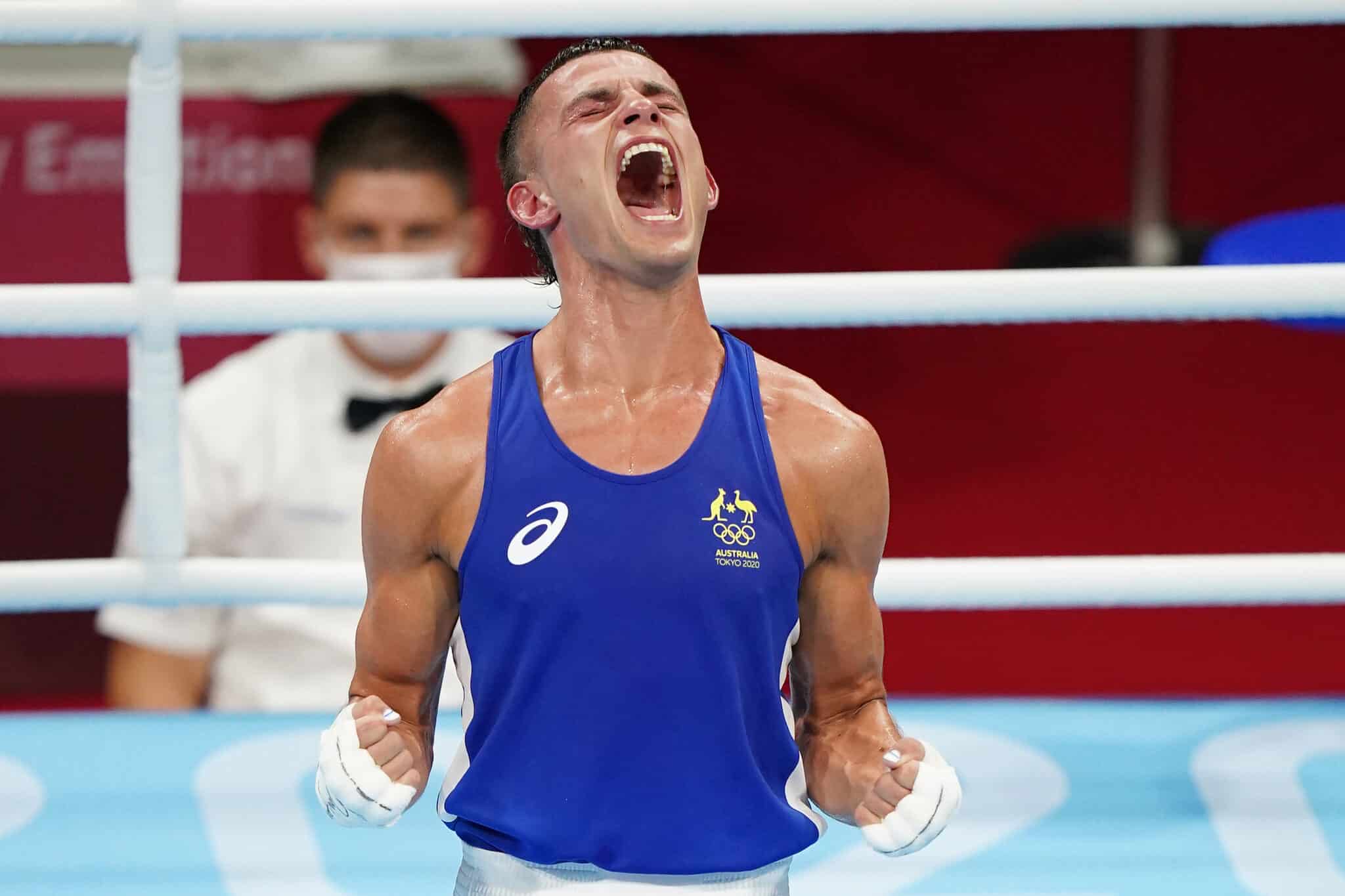 Harry Garside celebra su victoria en los cuartos de final en Tokio 2020