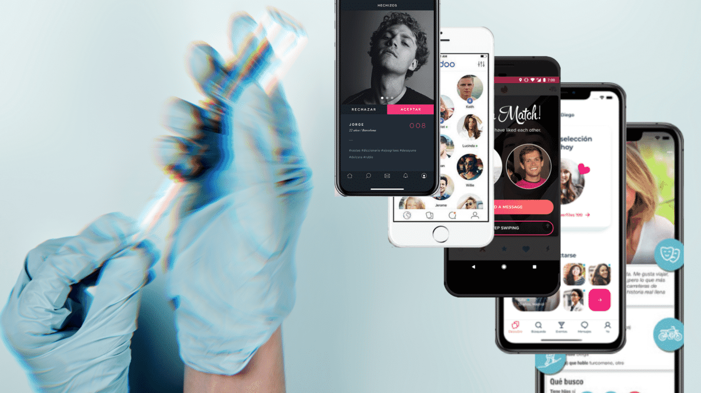 A la izquierda, un sanitario prepara una vacuna contra el Covid-19. A la derecha, imágenes de móviles con apps de citas y de ligar como AdoptaUnTío, Badoo, Tinder, Meetic y Ourtime