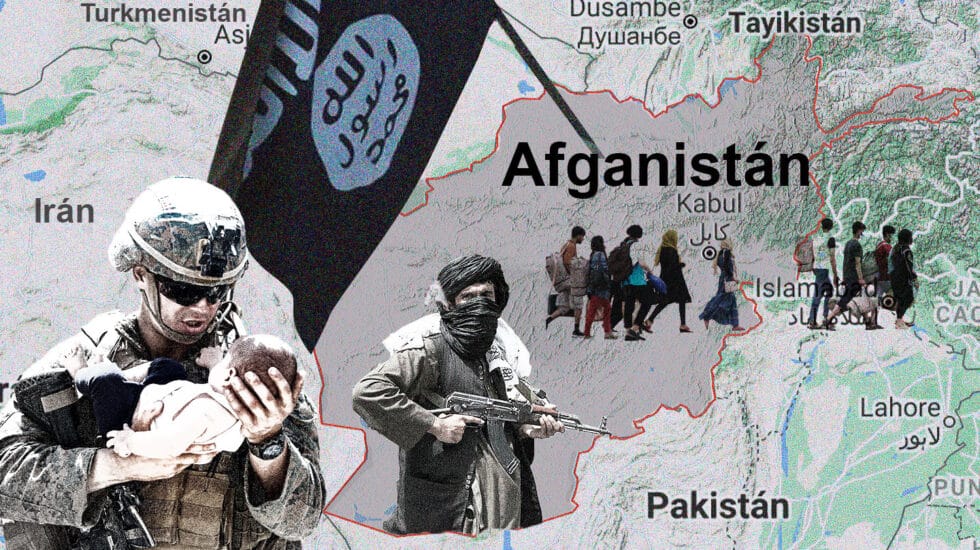 Imagen del mapa de Afganistán con un talibán, la bandera de el Estado Islámico del Gran Jorasán, gente marchando y un soldado americano con un bebé en brazos