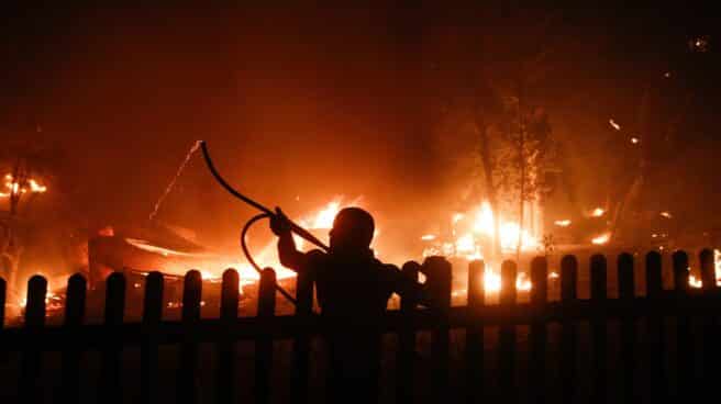 Un hombre intenta extinguir un fuego en Varybobi, un suburbio de Atenas.