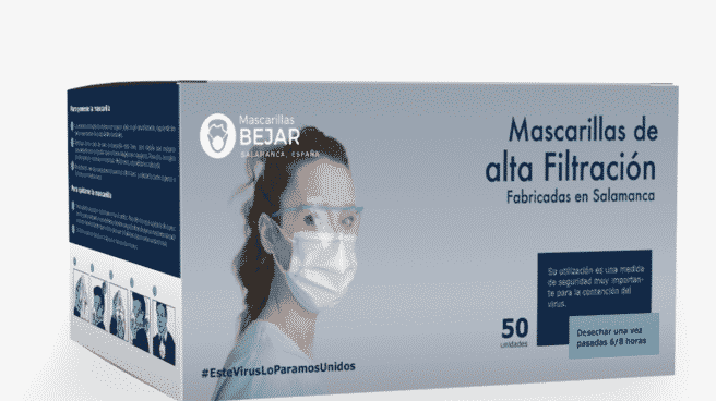 Mascarillas Béjar vendía mascarillas chinas y lo justificaba “por el inmenso volumen de pedidos” Imagen de presna de una caja de mascarillas Béjar.