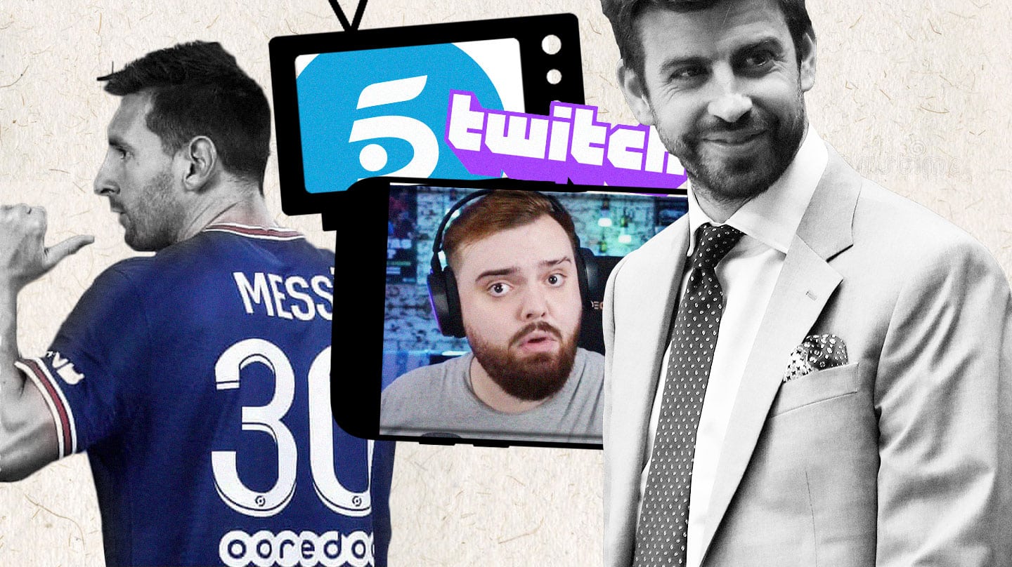 Collage de Messi con la camiseta del PSG, Piqué e Ibai Llanos con los logos de Telecinco y Twitch