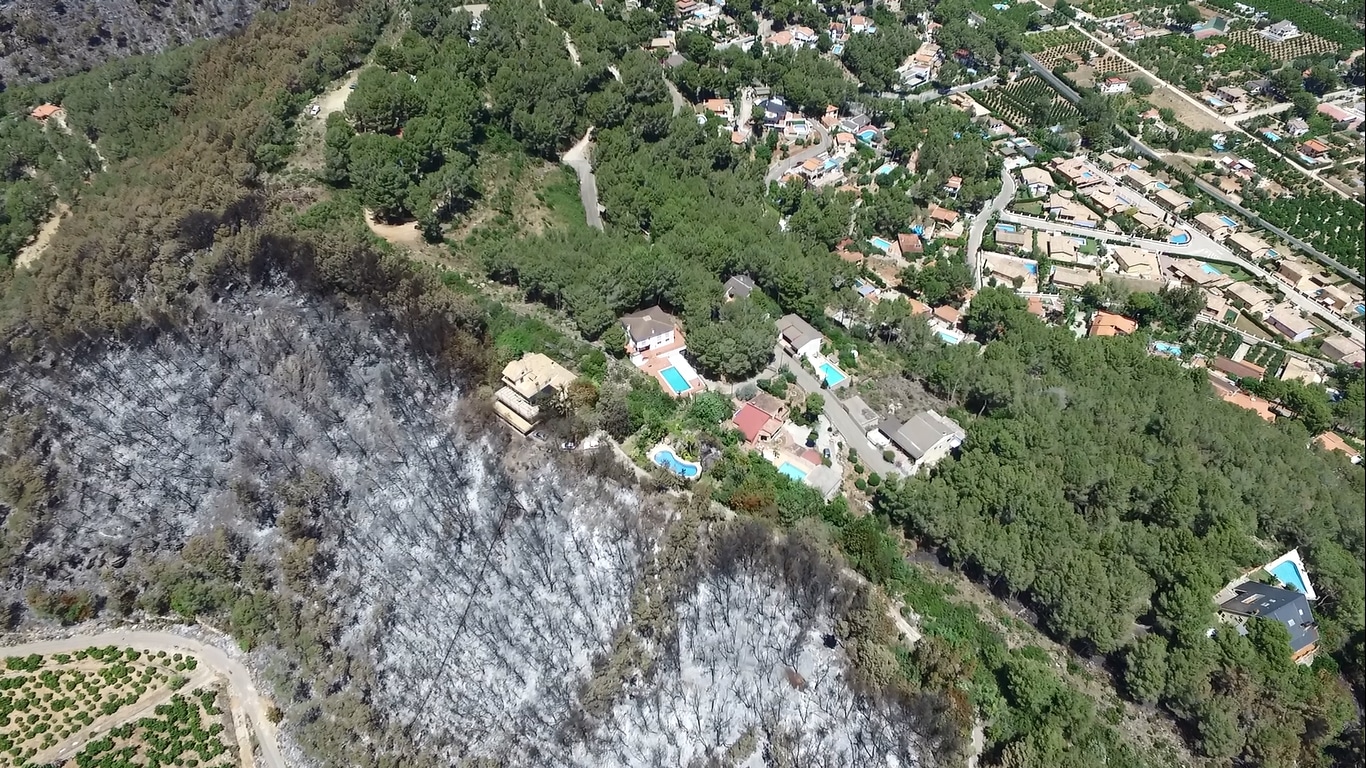 Incendio de Carcaixent en 2016 en su impacto con una urbanización protegida contra incendios.