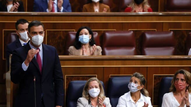 Sánchez, junto a Calviño, Díaz y Ribera. Sánchez, junto a Calviño, Díaz y Ribera.