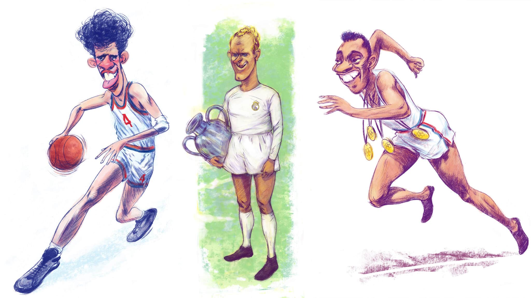 Drazen Petrovic, Alfredo di Stéfano y Jesse Owens, en unos dibujos de Javier Carbajo para el libro "Álbum de Cromos" de Andrés Amorós