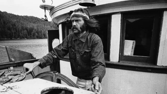 Robert Hunter at the Helm of the Phyllis Cormack, 1971.