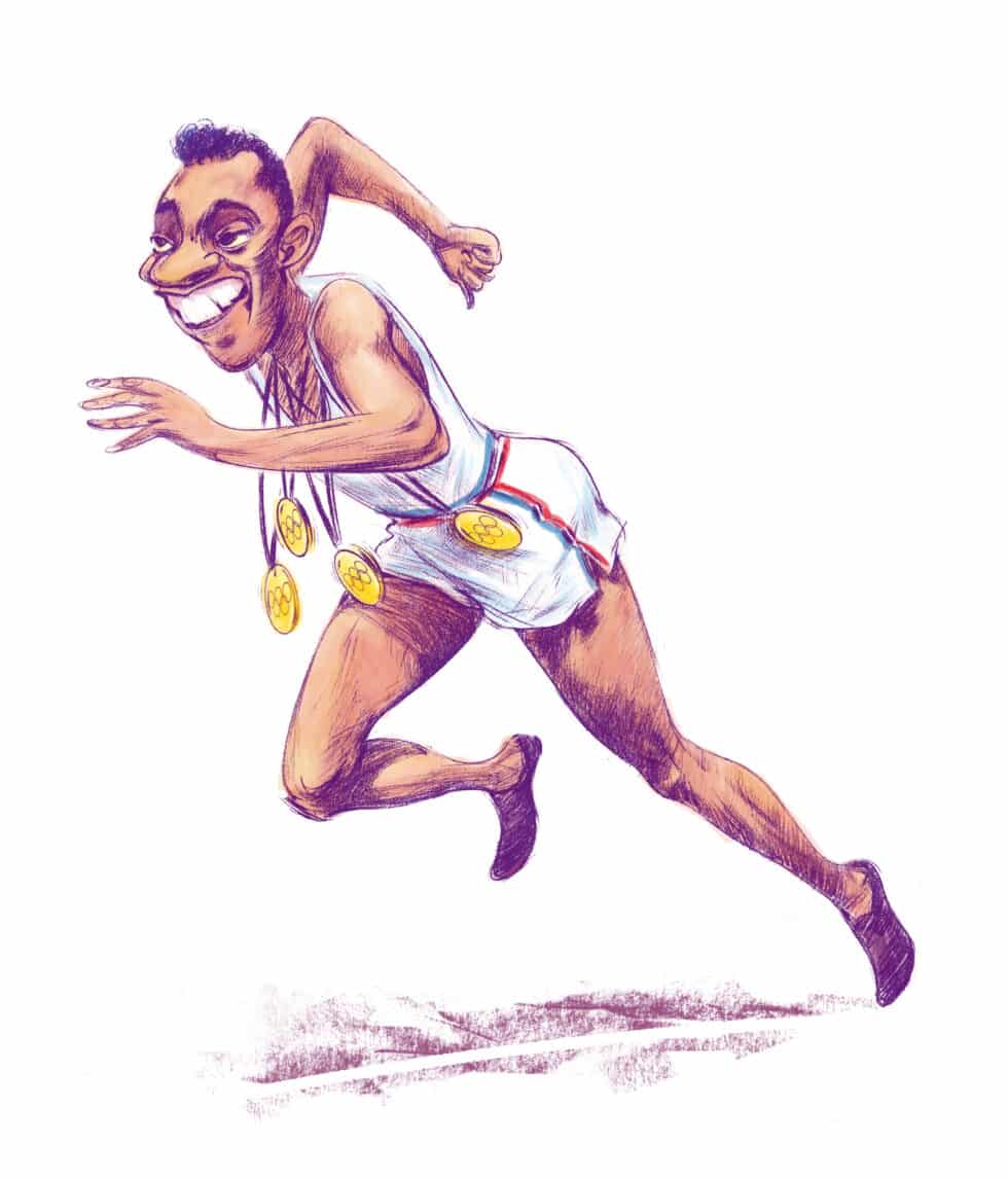 Ilustración del atleta Jesse Owens para el libro "Álbum de cromos"