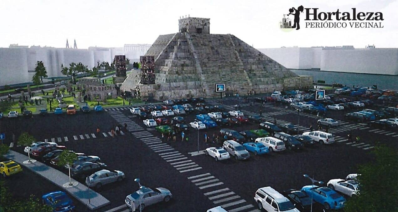 Fotografía de la pirámide azteca Teatro Malinche y del parking del Periódico Vecinal Hortaleza