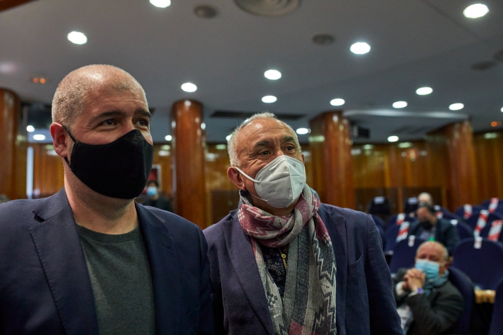 El secretario general de CCOO, Unai Sordo, y el secretario general de UGT, Pepe Álvarez, durante el traspaso de carteras ministeriales en Madrid.