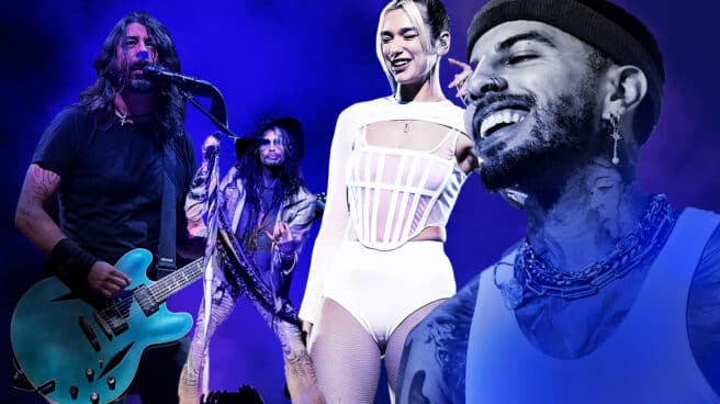 De Dua Lipa a Aerosmith: los grandes artistas internacionales vuelven a España Ilustración de Dave Grohl (Foo Fighters), Steven Tyler (Aerosmith), Dua Lipa y Rauw Alejandro
