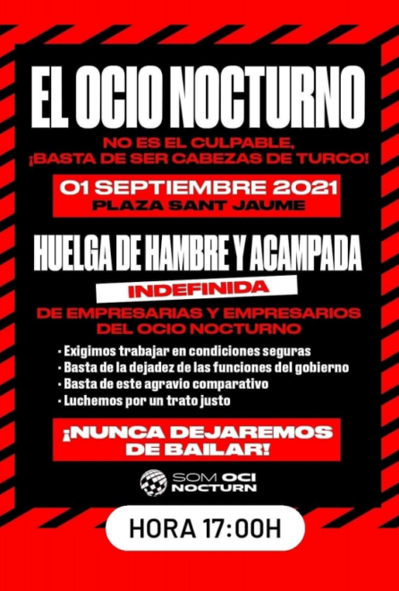 Cartel de convocatoria de huelga de hambre y acampada del ocio nocturno