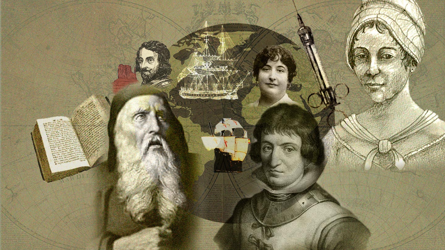 Collage de los exploradores españoles Ramón Lull, Francisco Vázquez de Coronado, Catalina de Erauso, Isabel Zendal y Carmen de Burgos Seguí