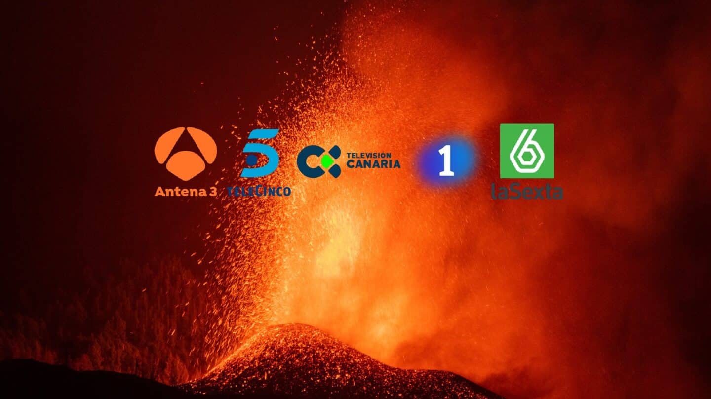 Volcán de La Palma en erupción. En medios los logos de las cadenas de televisión nacionales y de RTVC