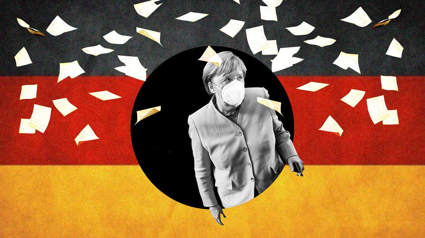 Imagen de Angela Merkel saliendo de un agujero negro sobre la bandera de Alemania
