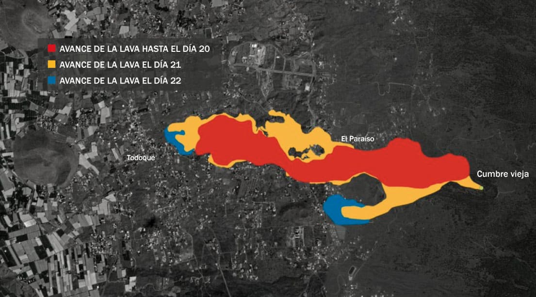 Mapa del avance de la lava con información de Copernicus.