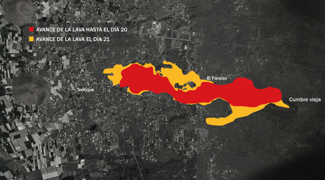 Mapa de avance de la lava con información de Copernicus. R.O.