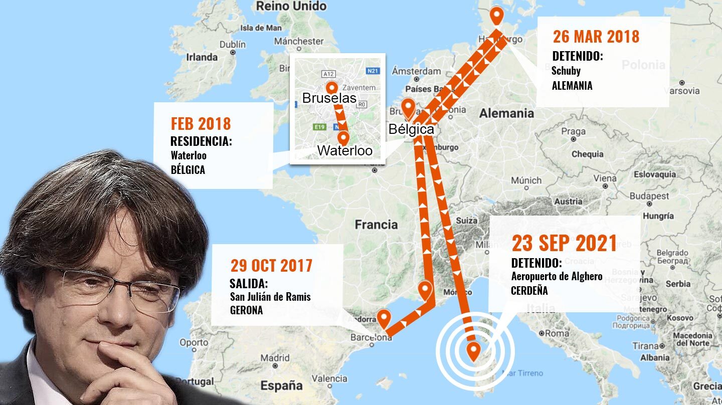 Mapa con la ruta que ha seguido Puigdemont desde que salió de Girona a finales de octubre de 2017.