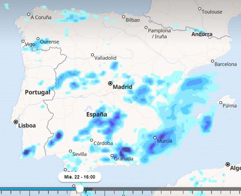 Mapa de españa con previsiones de lluvias en la zona mediterránea