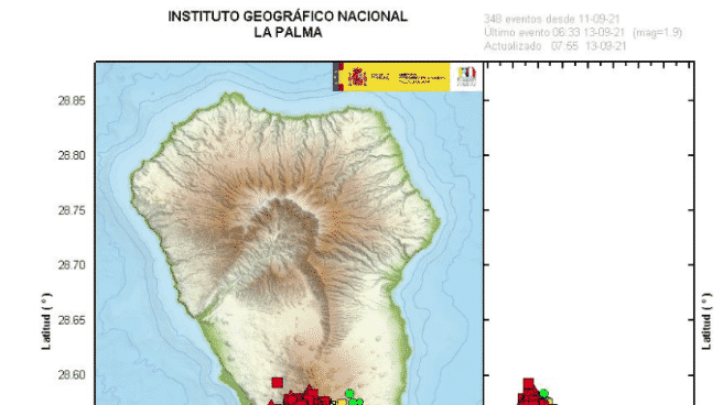 Mapa sobre de los terremotos en el sur de la isla de La Palma entre los días 11 y 14 de septiembre