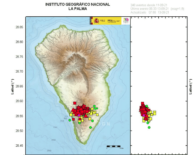 Mapa sobre de los terremotos en el sur de la isla de La Palma entre los días 11 y 14 de septiembre