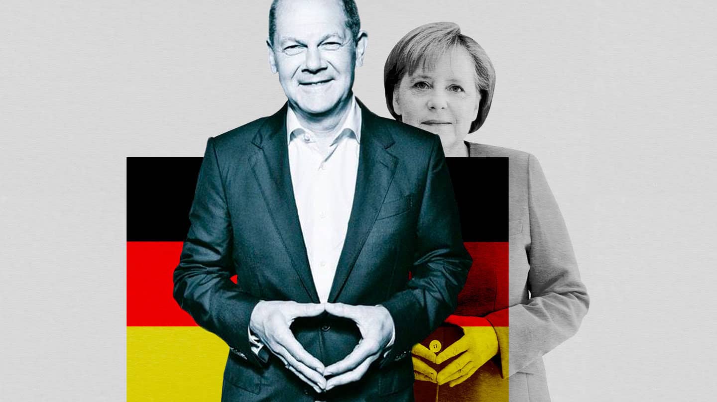 Imagen de Olaf Scholz con Angela Merkel de fondo como sombra y la bandera alemana entre ambos