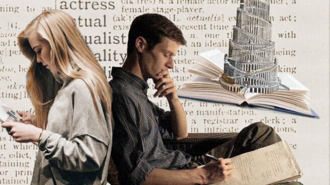 traductores-2 Imagen de dos traductores enfrentados con la torre de Babel de fondo y un diccionario de inglés