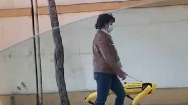 Mujer paseando a su perro robot