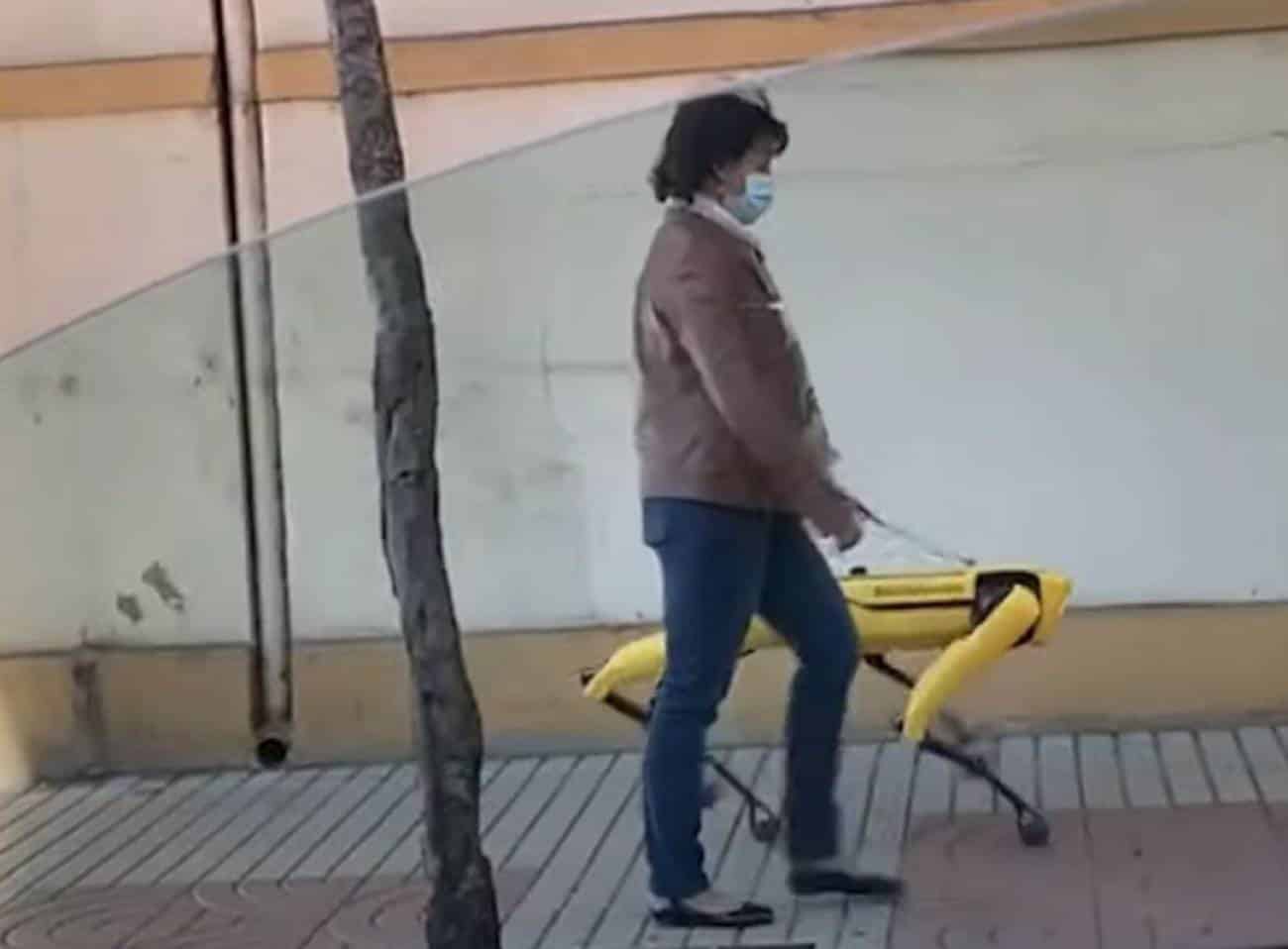 Mujer paseando a su perro robot