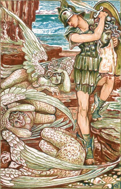 Walter Crane. Acunando la cabeza de Medusa, Perseo evade a las Gorgonas restantes, 1893