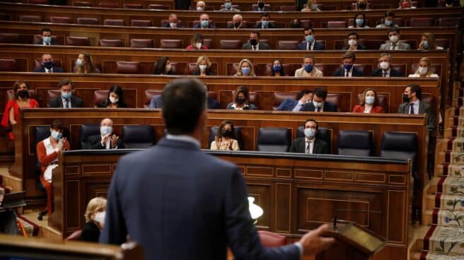 El presidente del Gobierno, Pedro Sánchez (de espaldas) contesta al líder del Partido Popular, Pablo Casado durante la sesión de control al Gobierno
