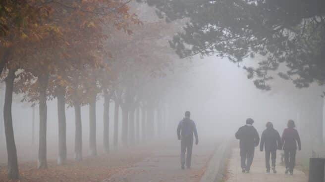 Fotografía de un parque con niebla y la silueta de tres personas paseando
