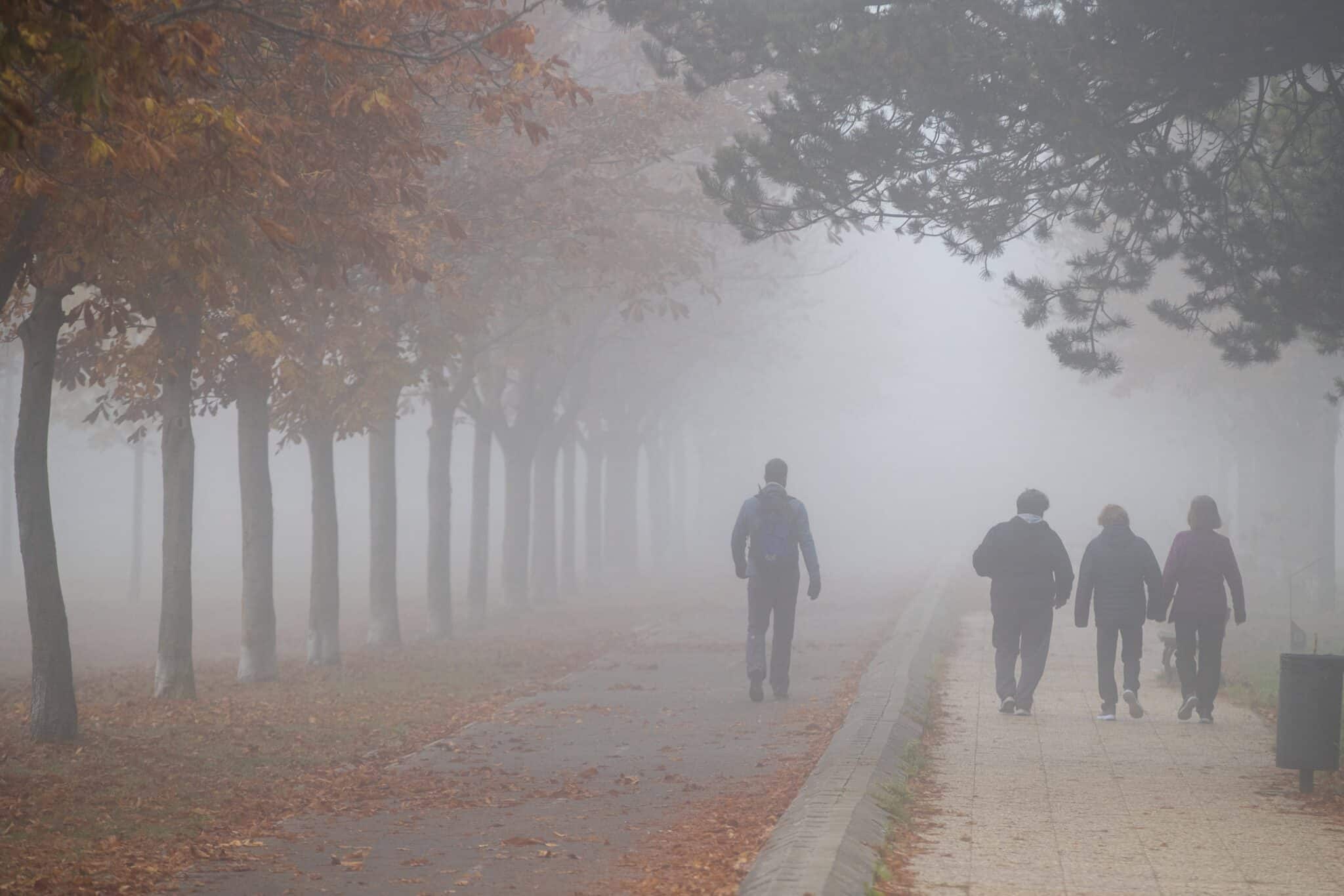 Fotografía de un parque con niebla y la silueta de tres personas paseando