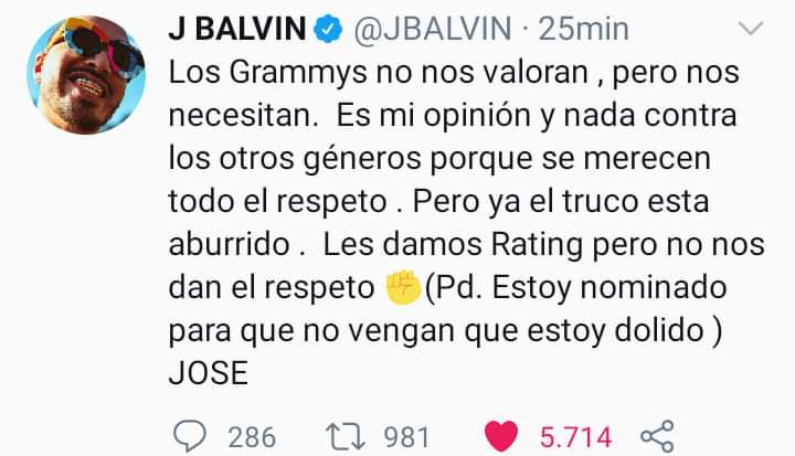 Tweet de J Balvin sobre los Premios Grammy Latino