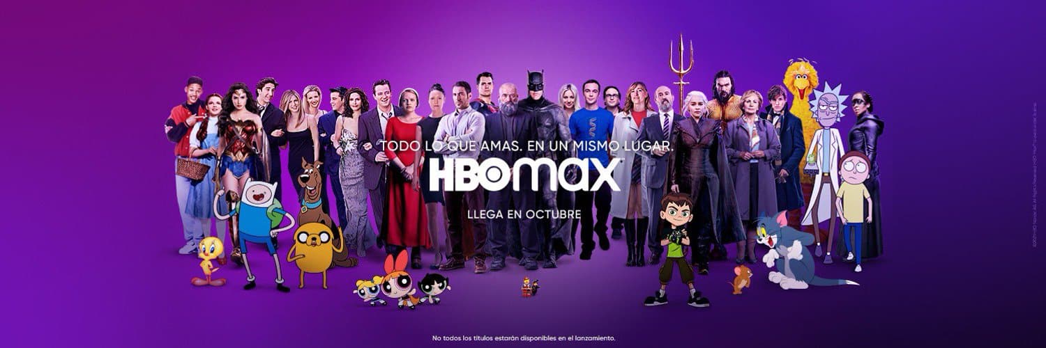 Portada HBO Max con múltipls personajes de Warner alineados en un fondo púrpura