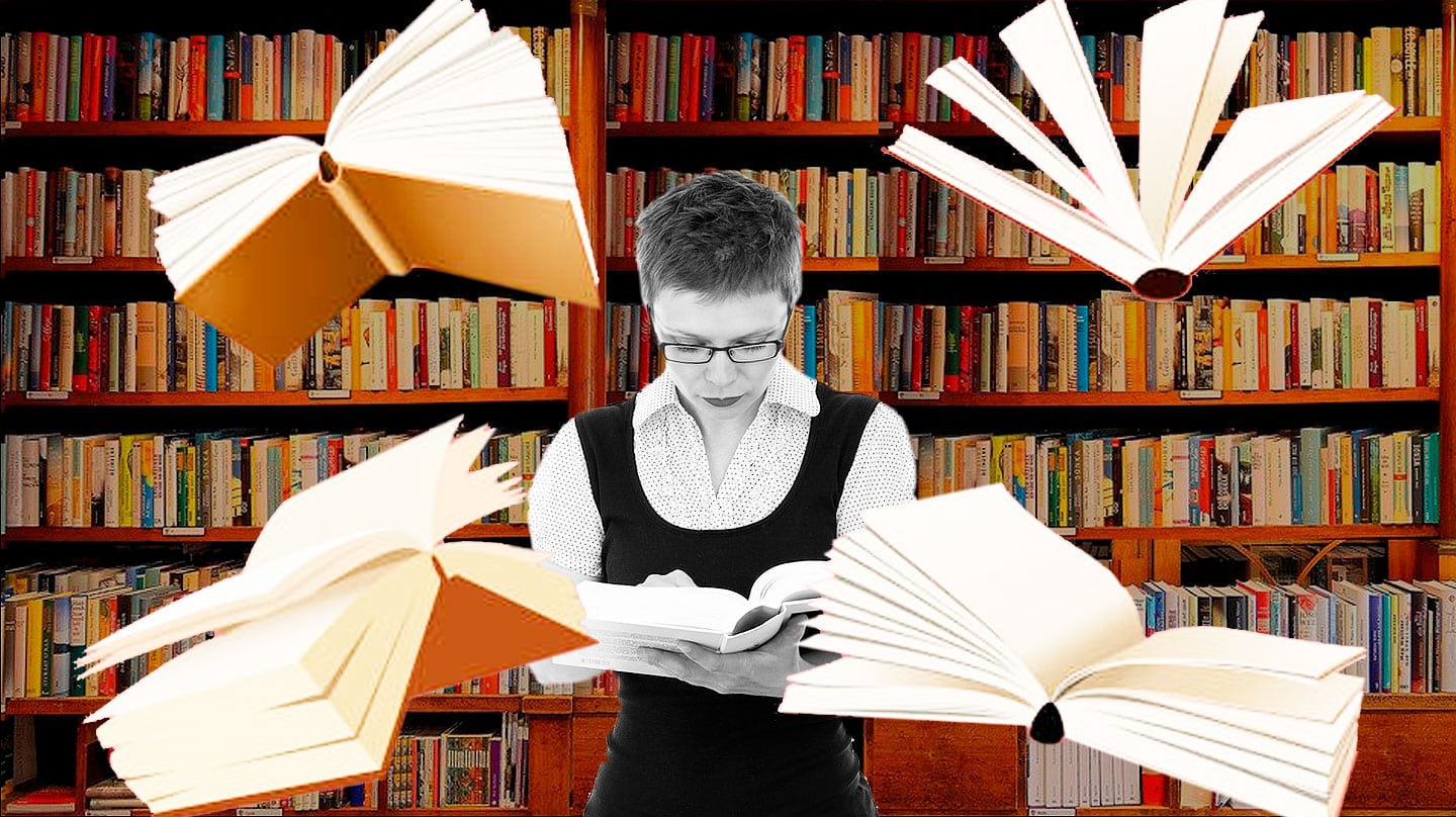 Collage biblioteca con libros volando y una chica en el centro leyendo