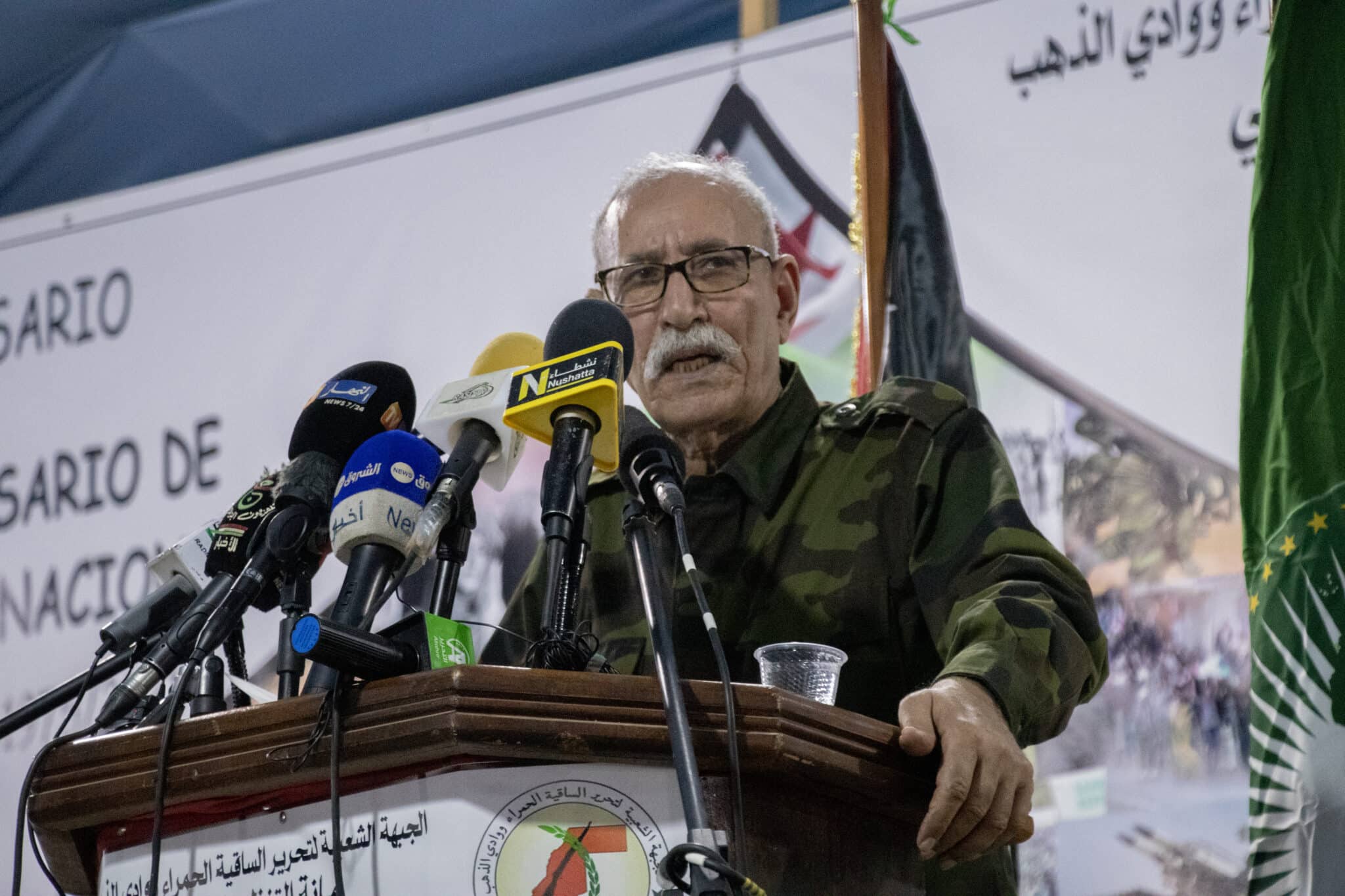 El líder del Frente Polisario, Brahim Ghali, durante su discurso este martes en el campamento de Dajla