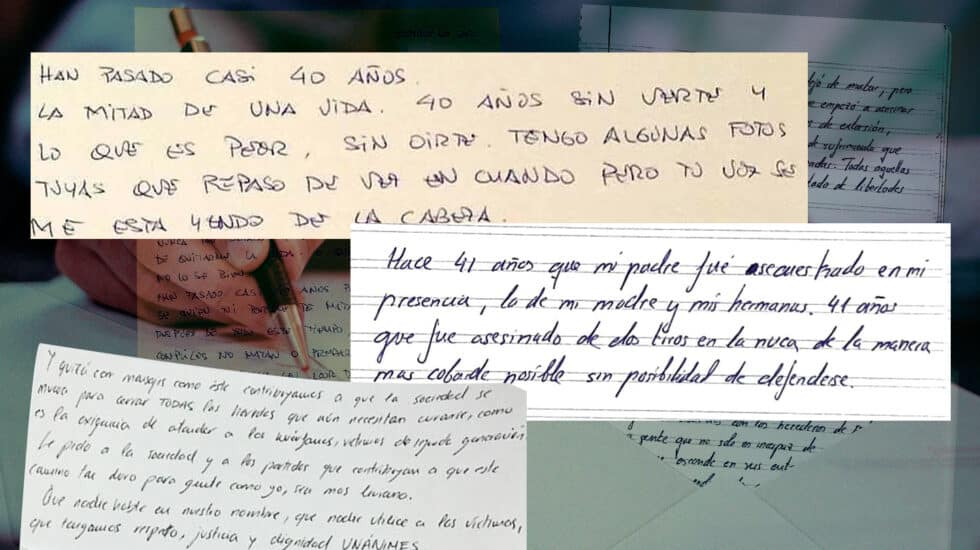Imagen de trozos de cartas de 3 víctimas de ETA